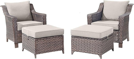 Outdoor Wicker Chair Patio Chairs-Rattan Wicker Chairs with Ottomans Patio Conversation Sets for Porch Garden Balcony Backyard Poolside-Brown/Beige
