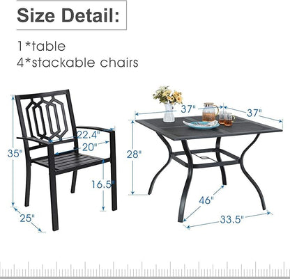 PHI VILLA Patio Dining Set 5 Pcs 1 Metal Square Garden Umbrella Table 37" and 4 Armrest Chairs Support 300 lbs for Ourdoor Backyard Bistro Furniture Set