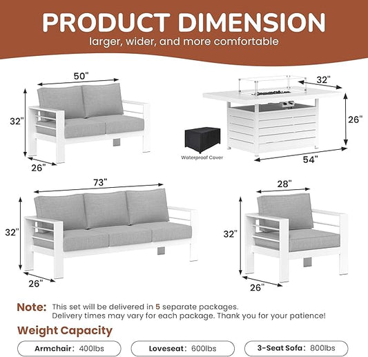 Solaste Aluminum Patio Furniture Set with Fire Pit Table, 5 Piece Metal Outdoor Furniture with Water-Resistant Cushions, Modern Patio Conversation Set for Balcony, Front Porch, and Backyard