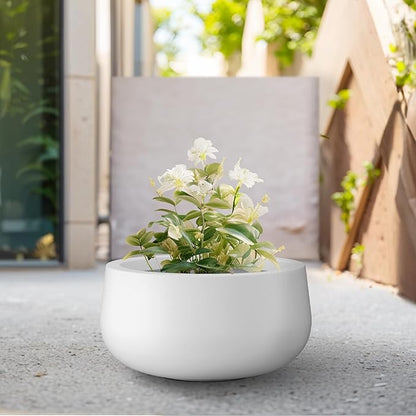 Kante 11.8" Dia Round Concrete Planter, Cement Plant Pots with Drainage Hole and Rubber Plug for Outdoor Indoor Garden Home, Modern Curvaceous Design, Pure White