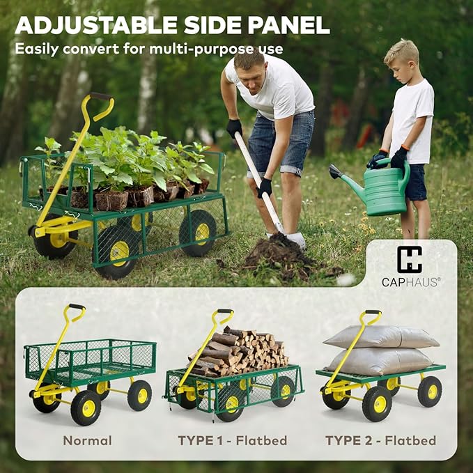 CAPHAUS Metal Black Garden Cart, w/ 180° Adjustable Yellow Handle, w/Mat and Strap, Heavy Duty 880 lbs Capacity, w/ 10” Flat-Free Tires, Sides Removable, Utility Wagon, Lawn Cart, for Garden, Yard
