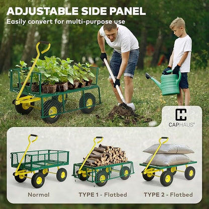 CAPHAUS Metal Black Garden Cart, w/ 180° Adjustable Yellow Handle, w/Mat and Strap, Heavy Duty 880 lbs Capacity, w/ 10” Flat-Free Tires, Sides Removable, Utility Wagon, Lawn Cart, for Garden, Yard