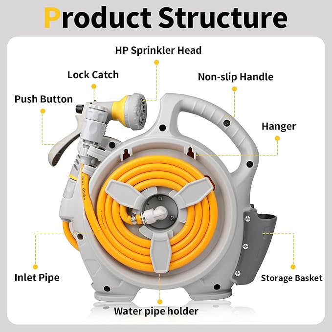 Kitness Mini Retractable Garden Hose Reel, Portable Simple Home 45+5 FT Hose Reel with 7 Adjustable Patterns Spray Nozzle&Standard Connector, Watering Hose Reel for Gardens Yards and lawns (Orange)