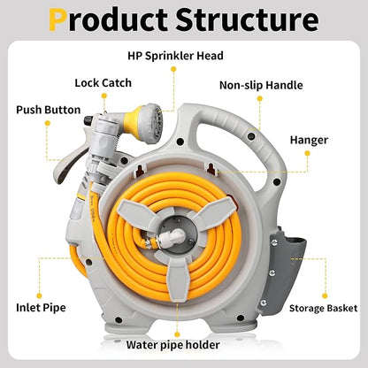 Kitness Mini Retractable Garden Hose Reel, Portable Simple Home 45+5 FT Hose Reel with 7 Adjustable Patterns Spray Nozzle&Standard Connector, Watering Hose Reel for Gardens Yards and lawns (Orange)