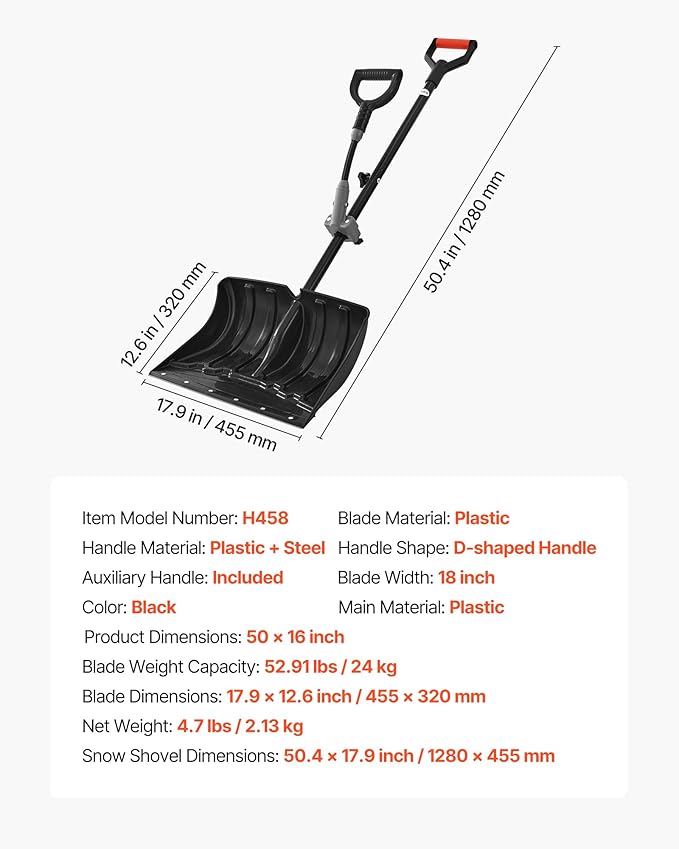 VEVOR Snow Shovel for Driveway, 18 in Wide Plastic Snow Shovel with Assist D-Shaped Handles, Non Slip Grip, Large Capacity Snowplow Shovels, Lightweight Snows Removal Tool for Garden Car Camping