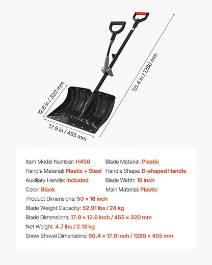 VEVOR Snow Shovel for Driveway, 18 in Wide Plastic Snow Shovel with Assist D-Shaped Handles, Non Slip Grip, Large Capacity Snowplow Shovels, Lightweight Snows Removal Tool for Garden Car Camping