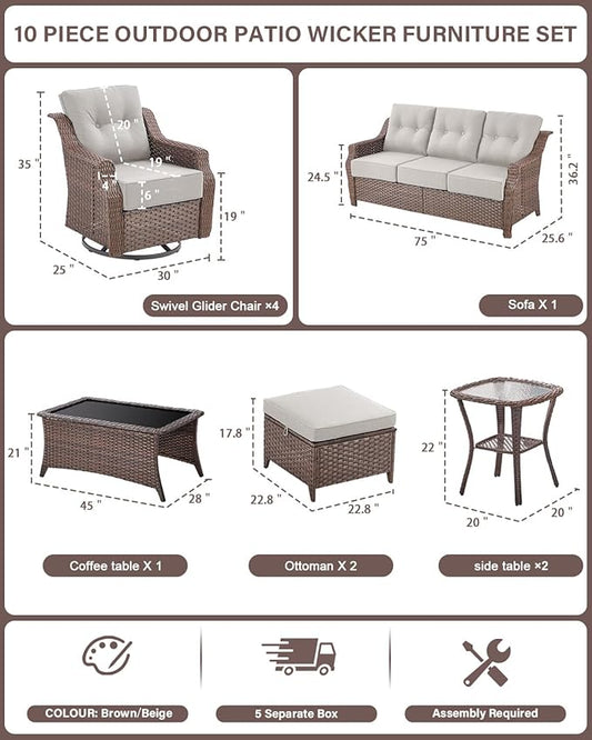 10 Piece High Back Outdoor Patio Furniture Set - Patio Conversation Set with Swivel Rocker Outdoor Chairs Set of 4 and 3 Seater Sofa, Wicker Ottoman and Coffee Table for Garden Backyard