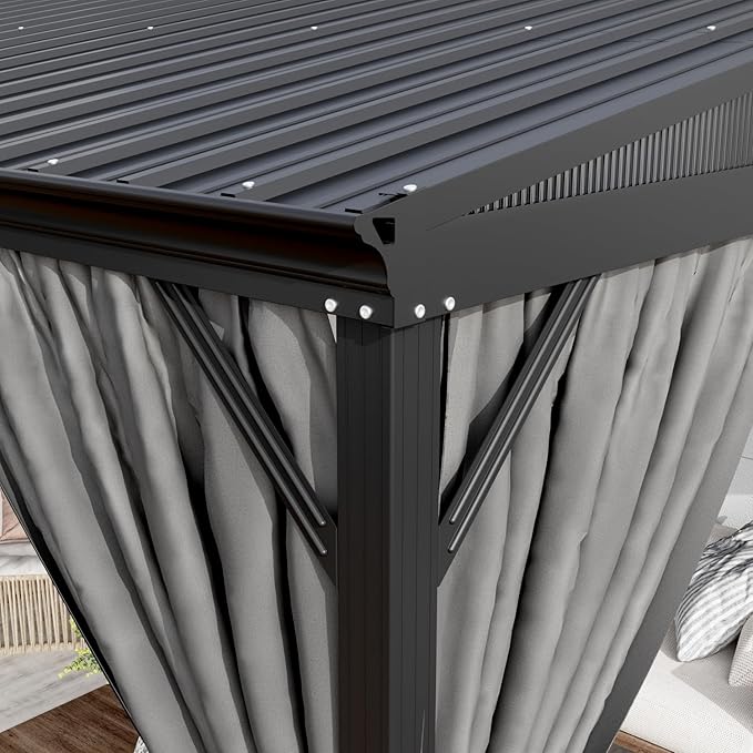 MOUMON 10x12Ft Hardtop Gazebo, Aluminum Frame Wall Mount Outdoor Gazebo with Netting & Curtains, Sloping Galvanized Iron Roof, Sun Shade Pergola Canopy for Patio Garden Backyard, Black Grey