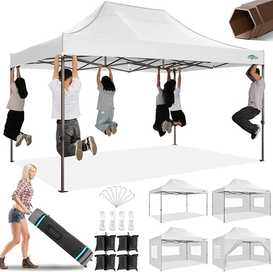 COBIZI 10x15 Pop Up Heavy Duty Canopy with 4 Sidewalls and Hexagonal Legs, Easy up Tent for Parties, Commercial and Wedding, Outdoor Canopy with Roller Bag, Sand Bags, Waterproof & UPF50+ (White)