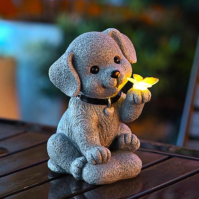 Solar Dog Outdoor Statues Garden Decor with Butterfly LED Lights Dog Statues for Patio Balcony Yard Lawn Ornament, Birthday Gardening Gifts for Mom Grandma Women