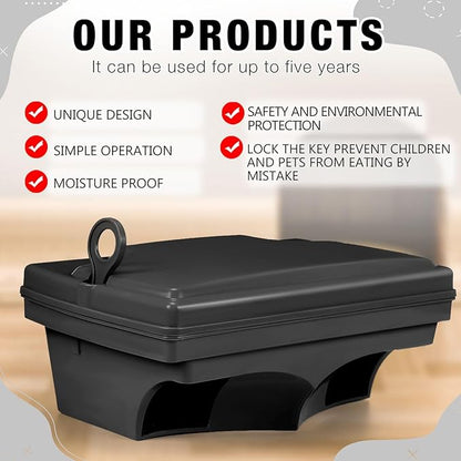 Qualirey 6 Pack Rat Bait Stations with 6 Keys Reusable Heavy Duty for Rodents Outdoor Mouse Poison Holder Large Station Traps for Mice Pests, Bait Not Included(Black)