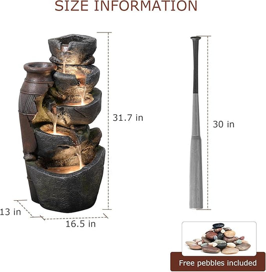 5 Tiered Rock Water Fountain Outdoor with Vintage Jar, Cascading Waterfall Fountain with LED Lights, Outdoor Fountains for Garden or Patio, Yard, and Deck Decor, 16.5" L x 12.6" W x 31.7" H