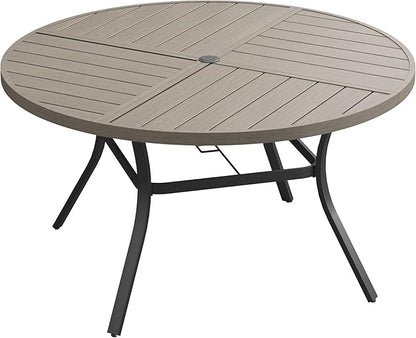 DIFY 59.8" Round Outdoor Patio Dining Table for 8-10, All-Weather Metal Steel Slatted Patio Table with 1.57" Adjustable Umbrella Hole, for Lawn Garden Porch Backyard, Grey Wood-Like