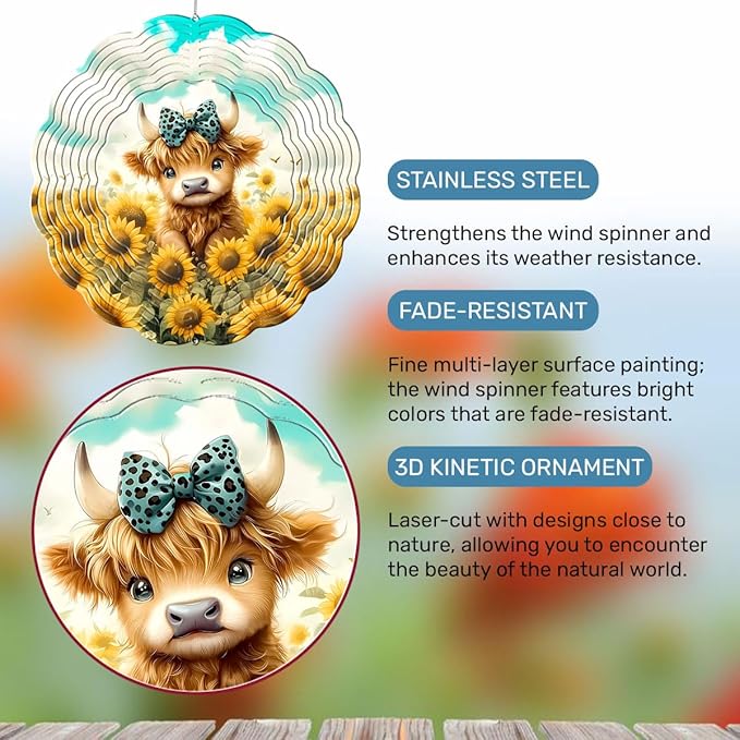 Highland Cow Hanging Wind Spinners for Women Men, 12 Inch Metal 3D, Stainless Steel Hanging Wind Catchers Sculpture for Outside, Christmas Decoration Garden, Unique Gift Xmas