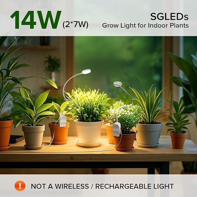 Clip-On Grow Lights for Indoor Plants, 2-in-1 LED Grow Lamp,4000K Sunlike Full Spectrum Plant Lights, 4-Level Dimmable with 3/6/12H Timer, Flexible Gooseneck,14W White Plant Grow Lights