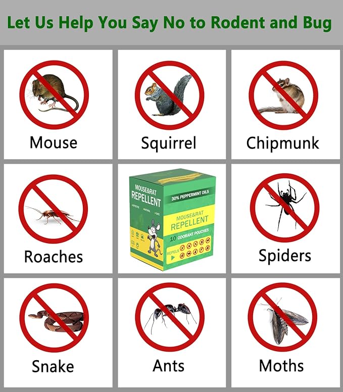 Mouse Repellent Pouches 10Pack with Peppermint Oil: Natural Rodent Repellent Indoor to Get Rid of Rats, Mice, Squirrels - Rat Repellents for House, Car, and Outdoor
