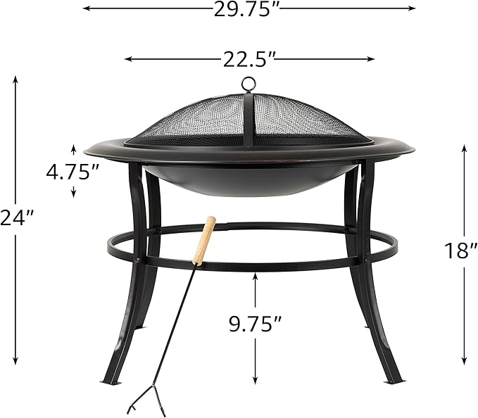 Fire Sense 62237 Fire Pit Tokia Steel Wood Burning Lightweight Portable Outdoor Firepit Rounded Lip & Curved Legs Included Wood Grate & Screen Lift Tool - 30" Round - Black