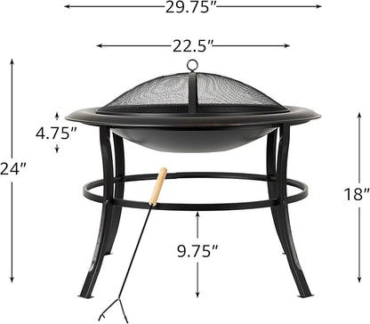 Fire Sense 62237 Fire Pit Tokia Steel Wood Burning Lightweight Portable Outdoor Firepit Rounded Lip & Curved Legs Included Wood Grate & Screen Lift Tool - 30" Round - Black