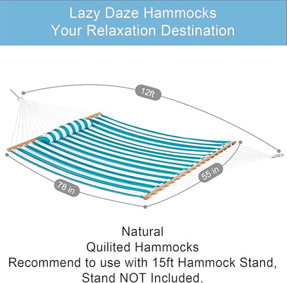 Lazy Daze Hammocks 12FT Quilted Fabric Double Hammock with Spreader Bars and Detachable Pillow, 2 Person Hammock for Outdoor Patio Backyard Poolside, 450 LBS Weight Capacity, Sailor Stripe