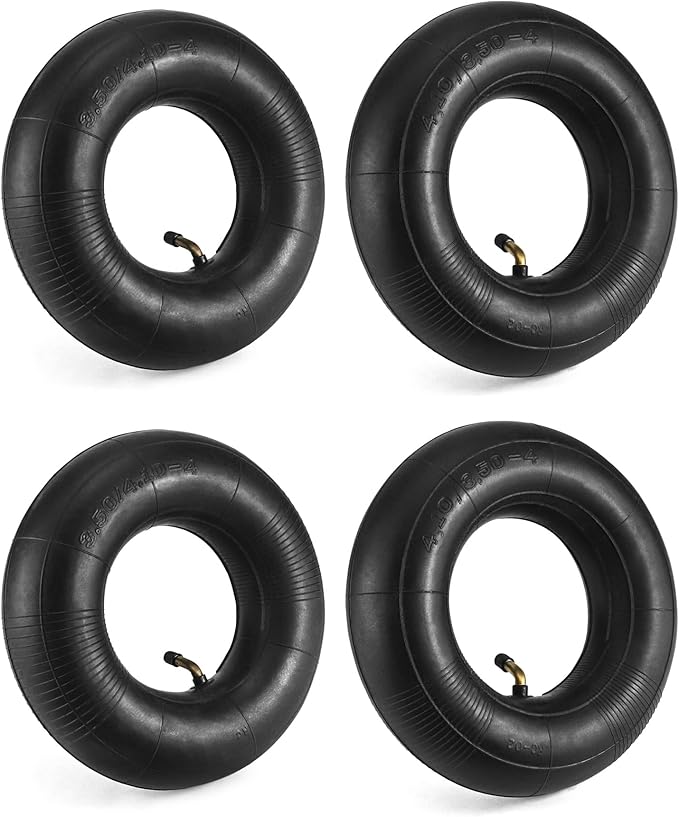 QWORK 4.10/3.50-4 Wheelbarrow Inner Tube, 4 Pack Replacement Inner Tubes, Bent Valve, for Lawn Movers, Hand Trucks