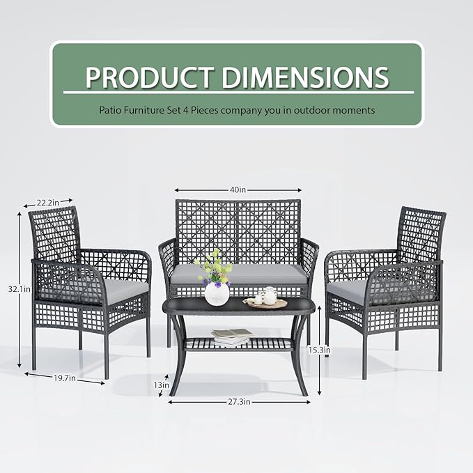 4-Piece Patio Furniture Set, Weather-Resistant Rattan Patio Conversation Set with Two-Tier Coffee Table, Upholstered Openwork Wicker Furniture for Porch, Garden, Lawn, Gray