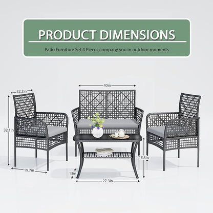 4-Piece Patio Furniture Set, Weather-Resistant Rattan Patio Conversation Set with Two-Tier Coffee Table, Upholstered Openwork Wicker Furniture for Porch, Garden, Lawn, Gray