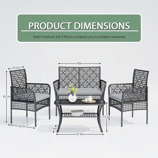4-Piece Patio Furniture Set, Weather-Resistant Rattan Patio Conversation Set with Two-Tier Coffee Table, Upholstered Openwork Wicker Furniture for Porch, Garden, Lawn, Gray
