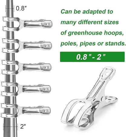 Upgrade Large Garden Clips, Stainless Steel Greenhouse Clamps for 3/4'', 1'', 2'' Pipes, Strong Grip Garden Clamps for Greenhouse Hoop, Heavy Duty Row Cover Clips for Netting, 24PCS