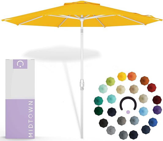 Midtown Umbrellas The Swilt 8 Feet Patio Umbrella in Sunbrella Yellow Acrylic Fabric - Fiberglass Ribs, Auto-Tilt Aluminum Frame For Backyard, Deck, Garden, Pool - White Pole