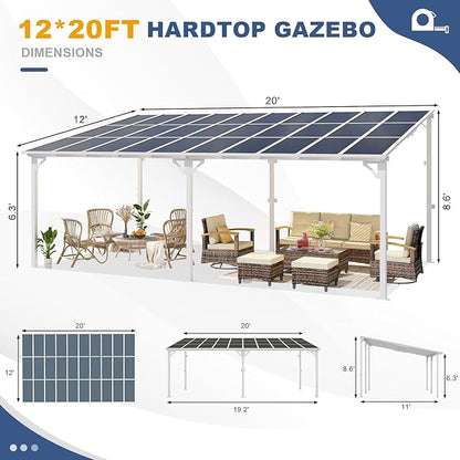 MEISSALIVVE Wall Mounted Lean to Metal Awnings - 12' x 20' White Sloped Roof Gazebo Pergola for Backyard Deck Patio, White