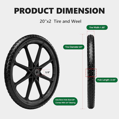 20" Flat Free Tire and Wheel with 3/4" & 5/8" Bearing, Replacement Wheels for Rubbermaid Wheelbarrow,Lawn Carts, Big Wheel Utility Carts and Garden Yard Cart, 2 Pcs Black
