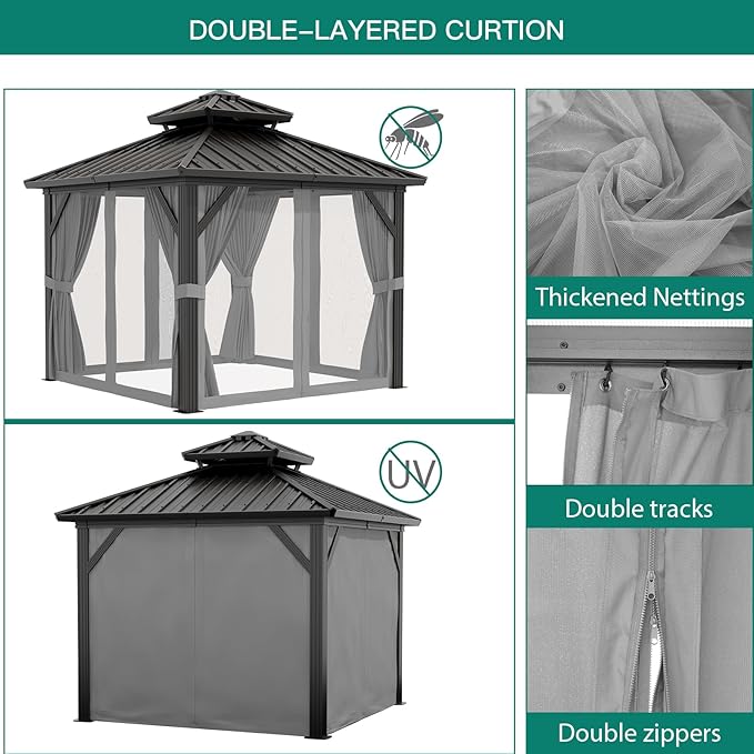 Outdoor Gazebos Canopy 10 x 10 ft Permanent with High Strength Aluminum Frame, Iron Double-Roof, Pavilion with Curtain and Netting for Patio, Lawn, Deck, Garden