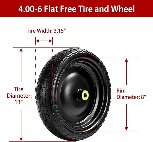 13" Flat-Free Tires and Wheels Replacement Gorilla Cart, 4.00-6 Flat-free Solid Tires for Garden Carts, Wheelbarrows & Yard Trailers - with 5/8" Bearings, 2.1" Hub Offset(4-Pack)
