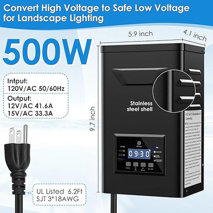 500W Low Voltage Landscape Transformer with Timer & Photocell for Landscape Lighting, 120V to 12V/15VAC Weatherproof, Stainless Steel, Smart Low Voltage Transformers for Outdoor Garden