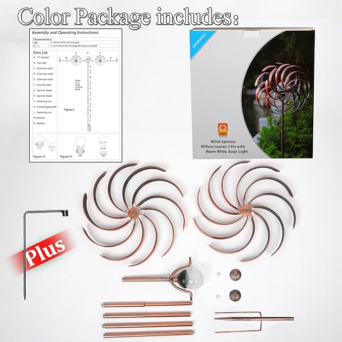 Solar Wind Spinner Improved 360 Degrees Swivel Warm White LED Lighting Glass Ball with Kinetic Wind Spinner Vertical Metal Sculpture Stake Construction for Outdoor Yard Lawn & Garden.