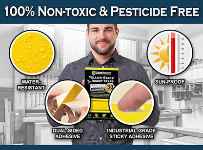 MAXGUARD (30 Pack) Yellow Stake Sticky Insect/Bug Traps - Catch and Kill Fungus Gnats, Whiteflies, Mosquitos, Aphids, Leaf Miners, Flying Insect Catcher Glue Trappers for Indoor or Outdoor