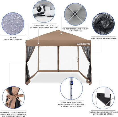 OASISHOME 10'x10' Pop-Up Gazebo Canopy Tent with Netting Sidewalls & Wheeled Bag,Weight Bag, Stakes, Ropes, Waterproof, UV Protection, Heavy-Duty Steel Frame for Backyard/Outdoor/Parties (Khaki)