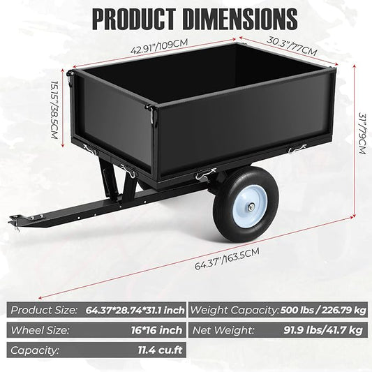 Garvee 500 LBS Load Capacity ATV Trailer Dump Cart, 11.4 Cubic Feet Heavy-Duty Steel Tow Behind Dump Cart with Removable Sides, Garden Utility Trailer for Lawn Tractor Mower, Black