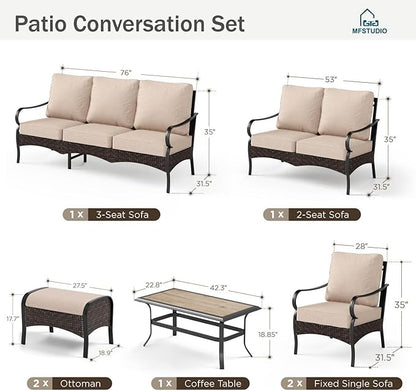 MFSTUDIO 7 PCS Outdoor Patio Furniture Set, Metal Outdoor Conversation Set, Rattan Wicker Patio Sectional with 2 x Fixed Single Sofa, 2 and 3-Seat Sofa, 2 x Ottoman, 1 x Coffee Table, Beige