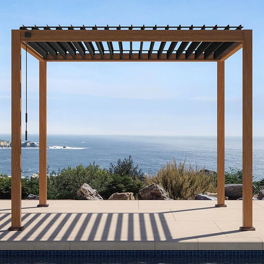 MIRADOR 111S Takasho Louvered Pergola, 10Ft x 10Ft, Full Aluminum Frame, Adjustable Roof for Outdoor Deck Garden PatioDurable, Cherry Oak