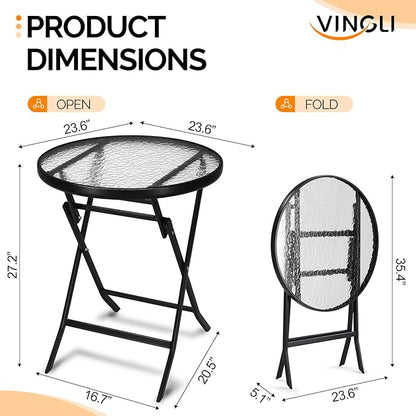 VINGLI Folding Glass Outdoor Side Table, 23.6 Inches Small Foldable Patio Bistro Table with Tempered Glass Table Top for Lawn & Garden, Balcony, Porch and Pool, Round