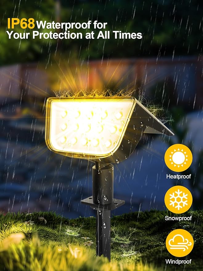Solar Spot Lights Outdoor, Ultra Bright Solar Garden Lights Warm White, IP68 Waterproof Landscape Spotlights, 800LM 2700K for Yard Garden Wall Driveway, 2 Pack