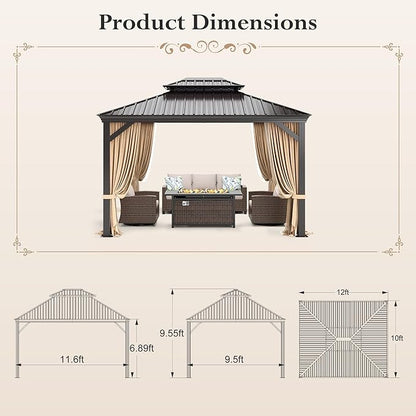 10'x12' Hardtop Aluminum Gazebo, Permanent Outdoor Canopy with Galvanized Steel Double Roof Heavy Duty Pavilion with Curtains and Netting for Garden Patio Lawn Deck