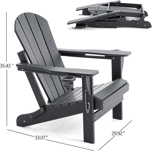 Folding Adirondack Chair, HDPE Outdoor Texture Lawn Chair with Reclining Back, Cup and Phone Holder - Comfortable Firepit Chair Weather Resistant for Patio or Backyard (Grey, Set of 1)