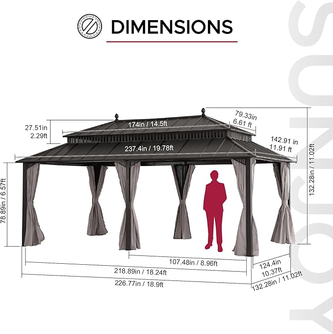 SUNJOY Kingston 20' x 12' Hardtop Gazebo with Galvanized Steel Double Roof, Curtain and Netting, Brown Aluminum Posts Permanent Pavilion Gazebo for Garden, Patio, Deck, Lawn