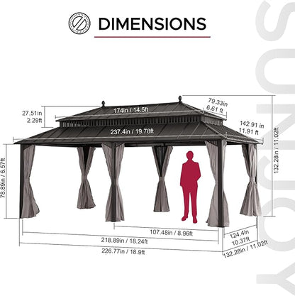 SUNJOY Kingston 20' x 12' Hardtop Gazebo with Galvanized Steel Double Roof, Curtain and Netting, Brown Aluminum Posts Permanent Pavilion Gazebo for Garden, Patio, Deck, Lawn