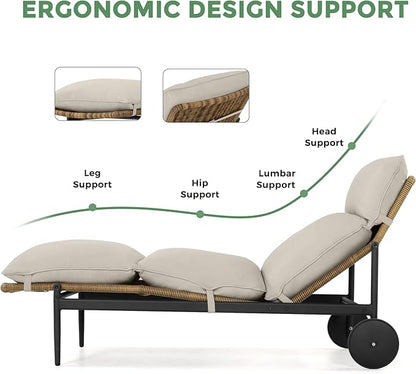 Chaise Lounge Chair Outdoor 3PCS - PE Rattan Wicker Patio Pool Lounge Chairs Set of 2 with Cushion and Wheels, Aluminum Waterproof Lounger with Wood Side Table for Poolside Backyard Porch