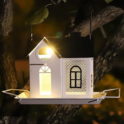 Solar Bird Feeder for Outdoors – White Metal Hanging Bird Feeder with Solar Light, Decorative Bird House Feeder for Cardinals, Finches, and Wild Birds, Weatherproof Backyard Garden Decor