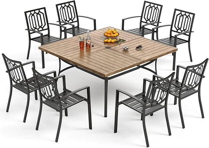 PHI VILLA 9-Piece Outdoor Dining Set, Retangualr Metal Table (60") with Umbrella Hole and 8 Stackable Dining Chairs – Perfect for Patio, Garden, Deck, Porch, and Yard, 9PCS Outdoor Dining Set Style 2