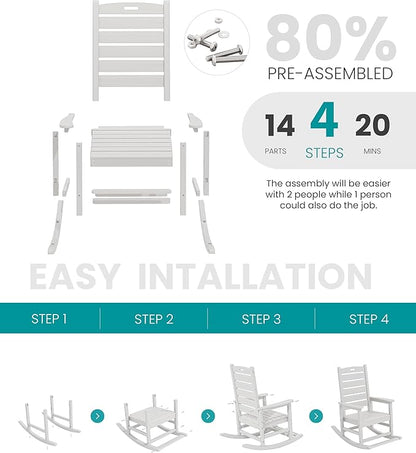 SERWALL Outdoor Rocking Chair Set of 4, Oversized HDPE Patio Rocking Chair with Footrest for Adults, All Weather Porch Rocker for Deck Patio Balcony, White